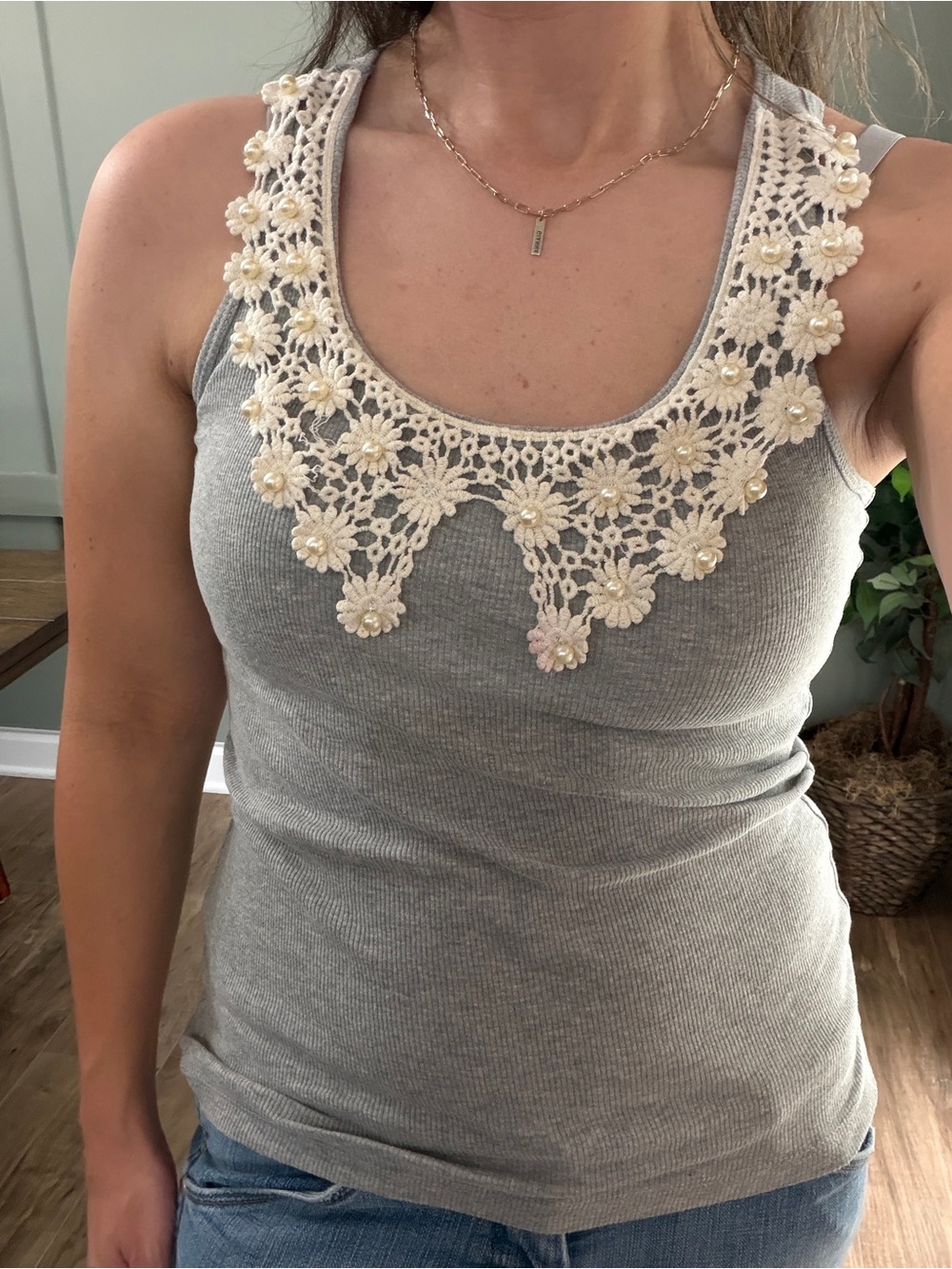 Vintage Y2K Delias Crochet Trim Ribbed Tank Top - Small